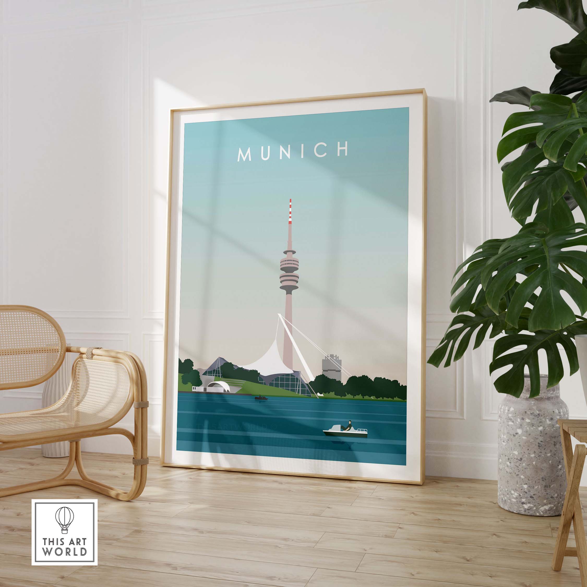 Munich Print Travel Poster featuring the iconic Munich TV Tower in a vintage style, ideal for home or office decor.