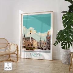 Munich poster artwork featuring a clean minimalist design with iconic buildings and vibrant colors.