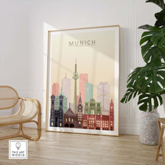 Munich skyline print in pastel tones, featuring iconic buildings, framed art on a wall in a stylish interior.