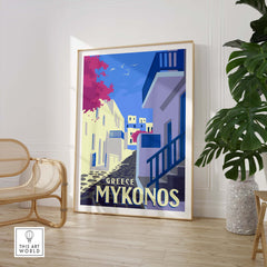 Mykonos poster wall art print featuring colorful vintage-style illustration of Greek architecture.