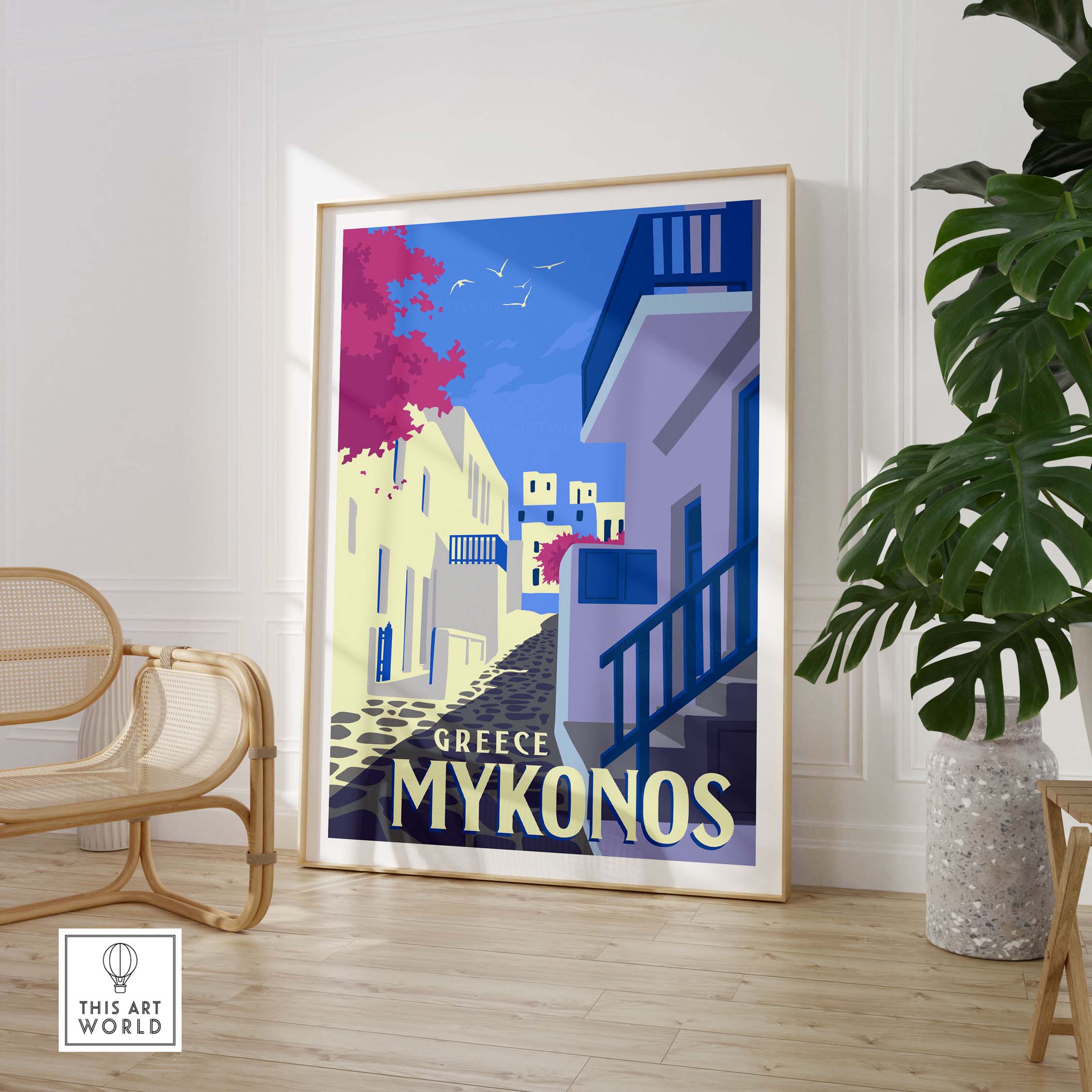 Mykonos poster wall art print featuring colorful vintage-style illustration of Greek architecture.
