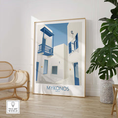 Mykonos wall art print showcasing blue and white architecture, perfect for decor and travel-inspired art.