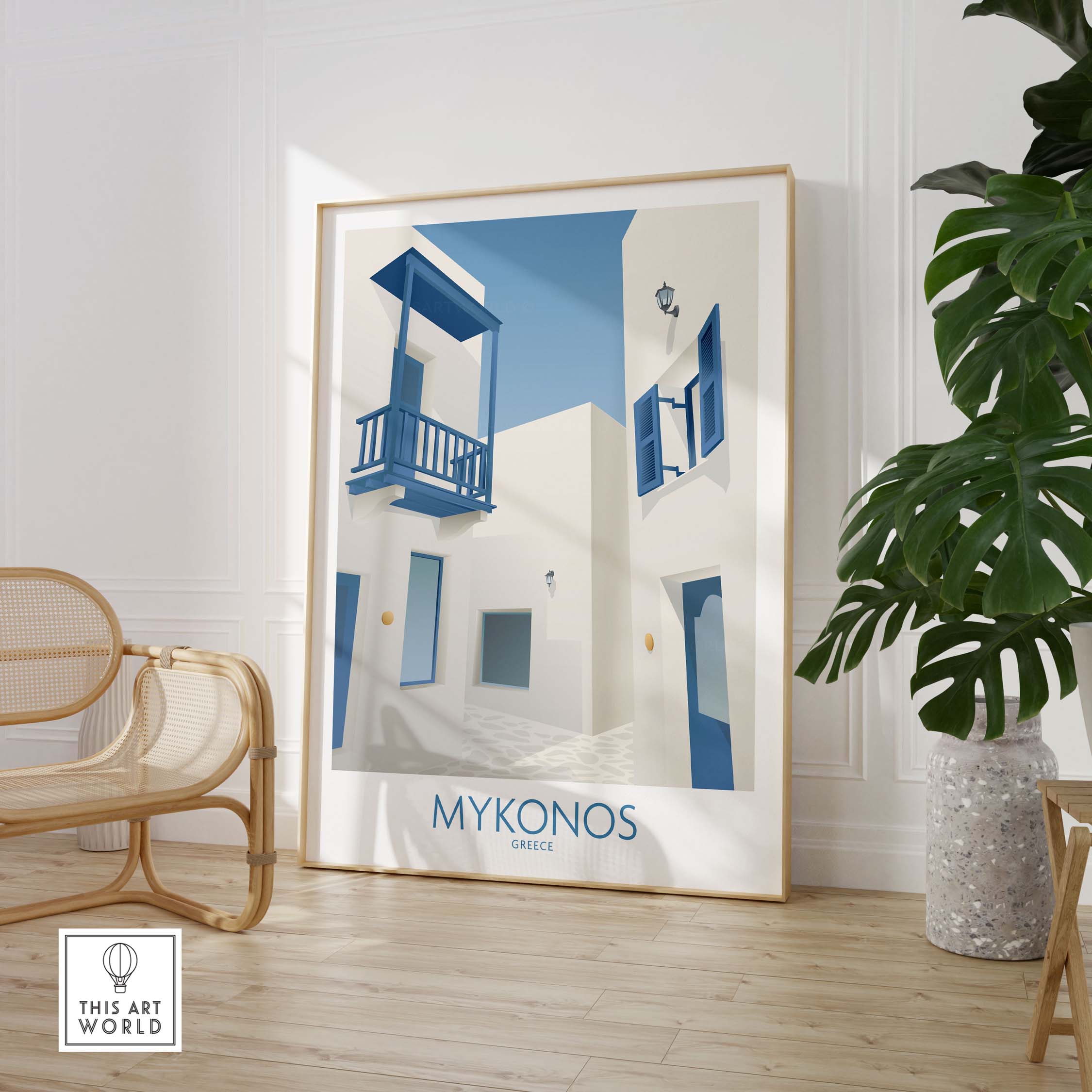 Mykonos wall art print showcasing blue and white architecture, perfect for decor and travel-inspired art.