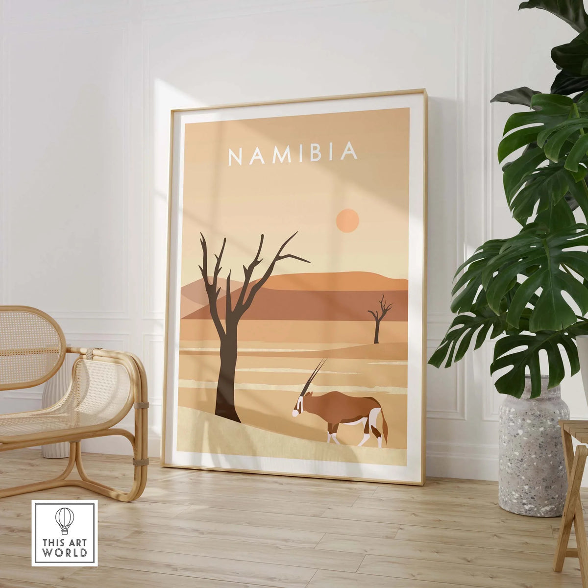 Namibia Print Dunes Poster featuring serene landscape and antelope, perfect for stylish home decor.