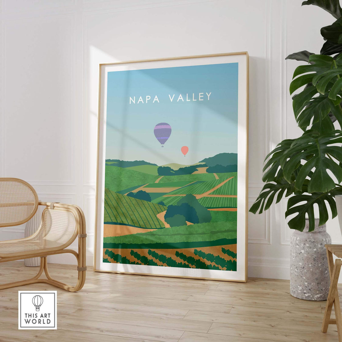 Napa Valley vintage travel poster art showcasing vineyards and hot air balloons in a stylish interior setting.