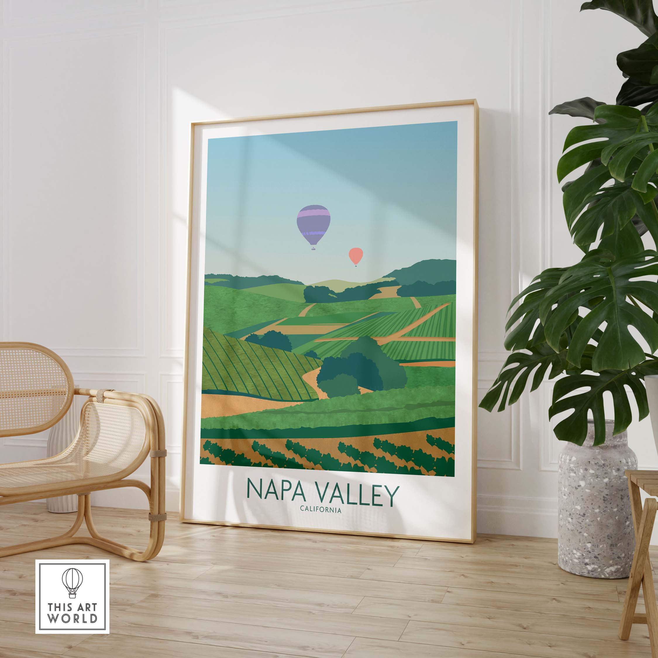 Napa Valley California print featuring vineyards and hot air balloons in a stylish interior setting.