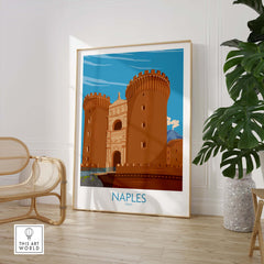 Stylish Naples Italy poster featuring a vintage architectural design, framed and displayed in a bright interior setting.