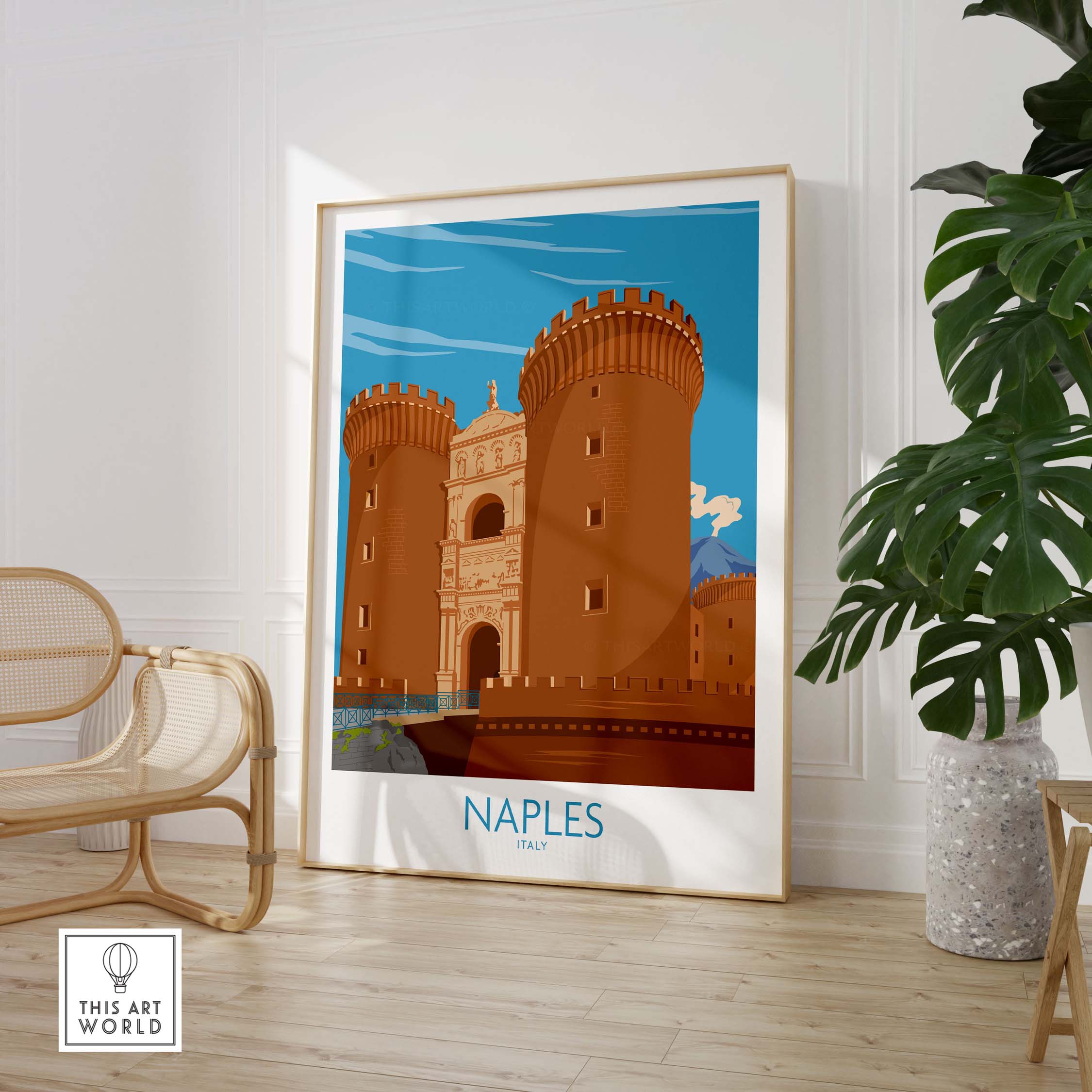 Stylish Naples Italy poster featuring a vintage architectural design, framed and displayed in a bright interior setting.