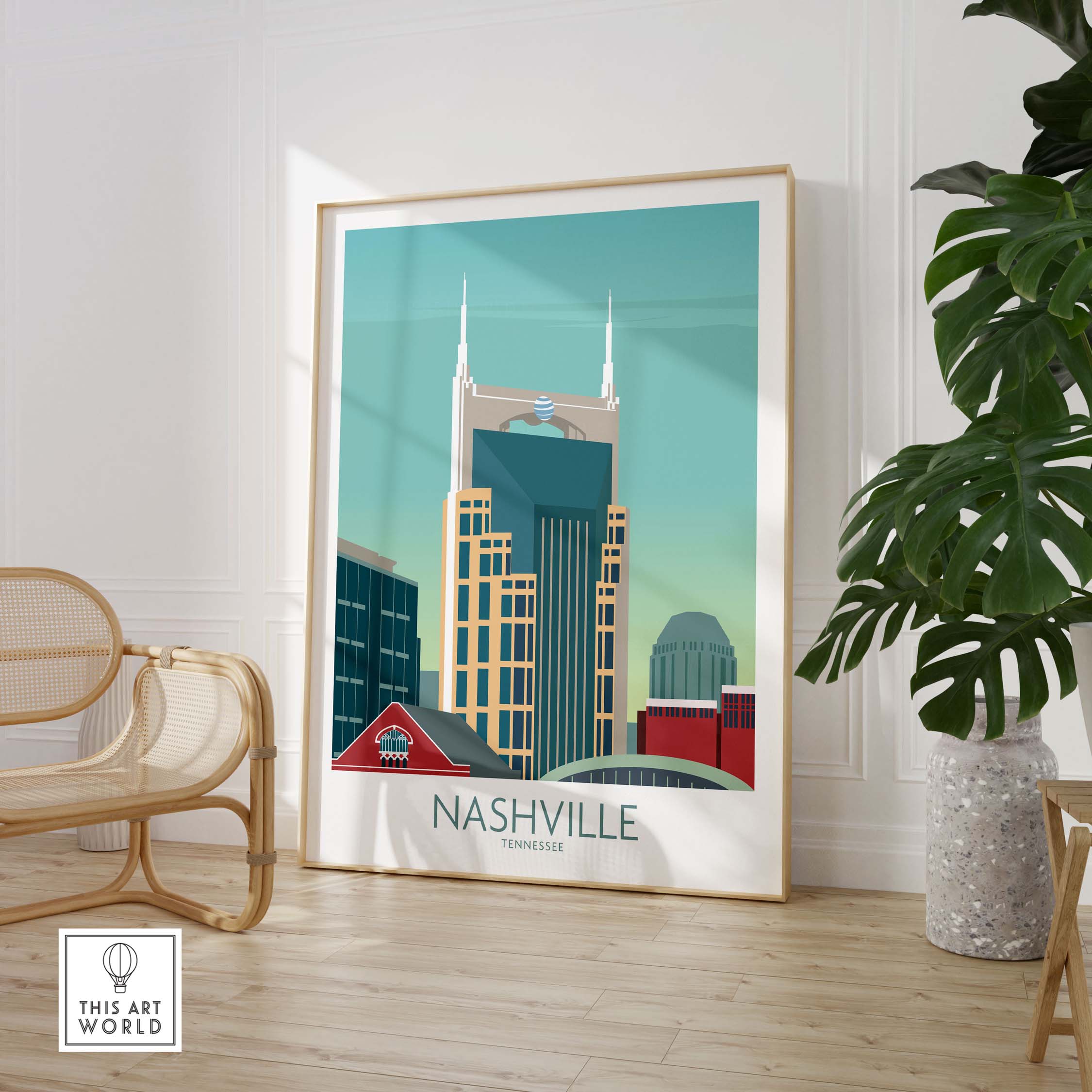 Nashville Poster featuring iconic skyline in a stylish frame, perfect for travel enthusiasts and home decor.