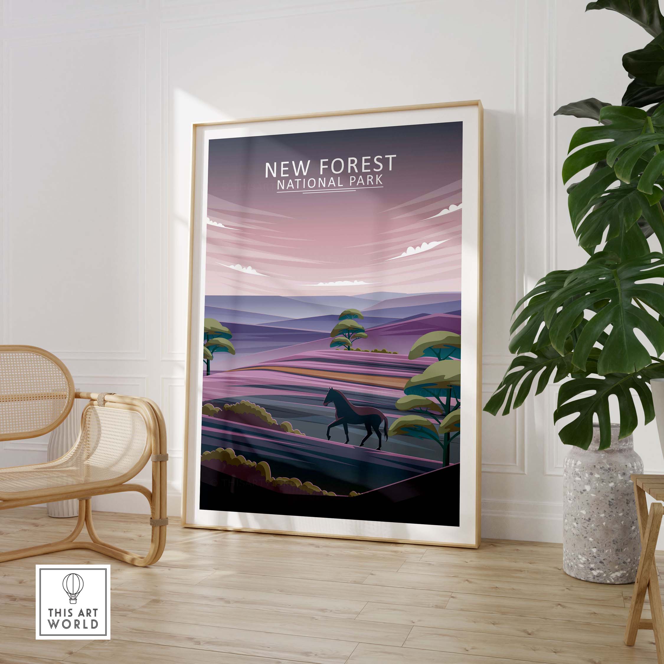 Stylish New Forest National Park poster in a modern setting, featuring minimalist landscape design and vibrant colors.