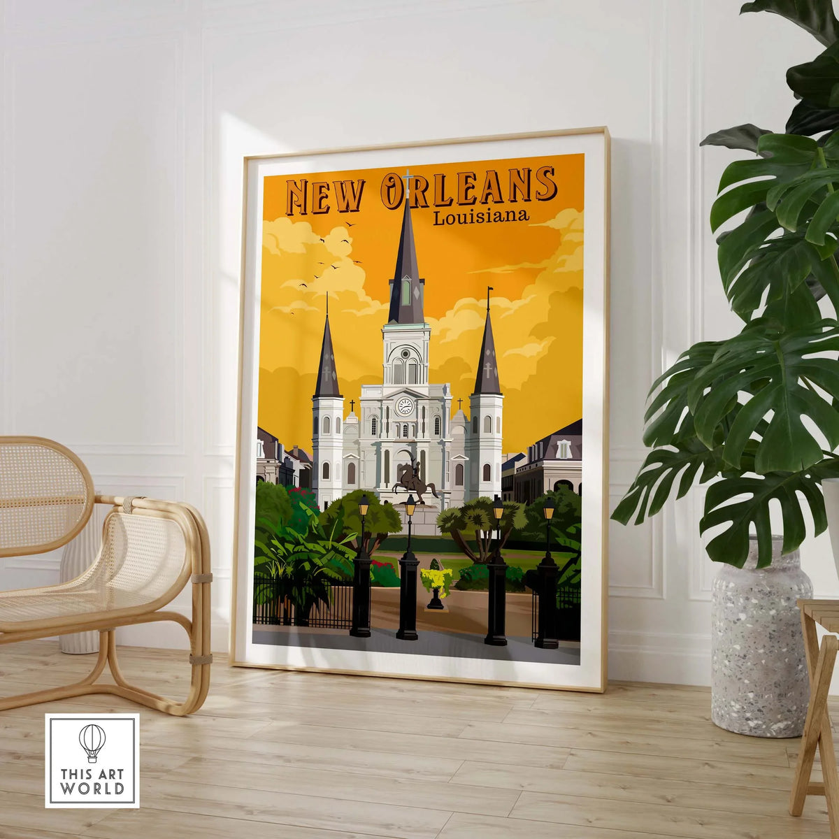 Framed New Orleans art print featuring a vintage design of Louisiana's architecture and vibrant colors.
