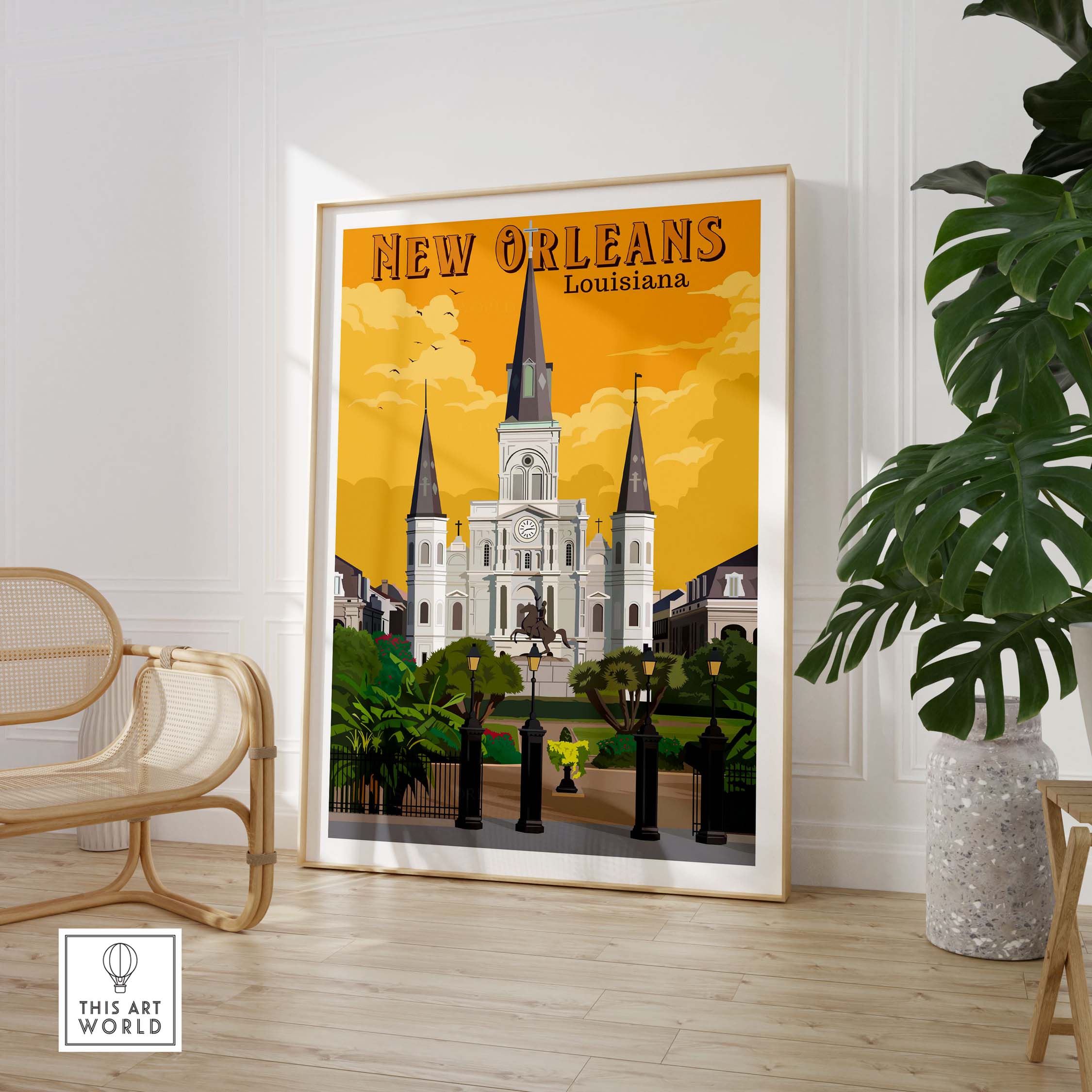 Framed New Orleans art print featuring a vintage design of Louisiana's architecture and vibrant colors.