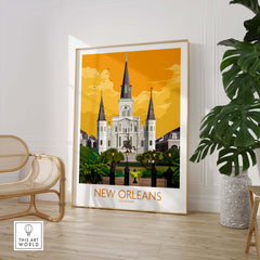 New Orleans poster showcasing historic architecture and vibrant colors, perfect for home or office decor.
