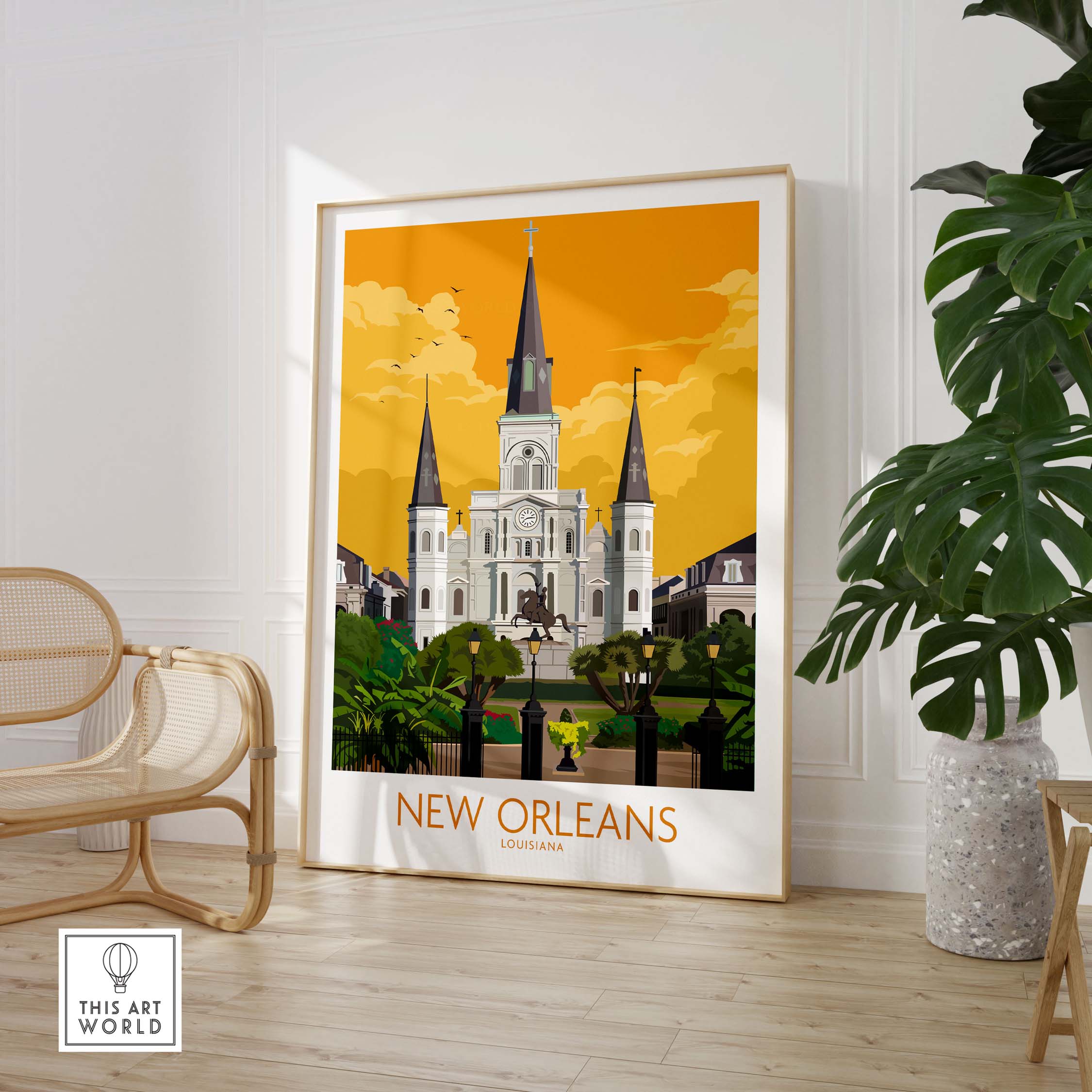 New Orleans poster showcasing historic architecture and vibrant colors, perfect for home or office decor.