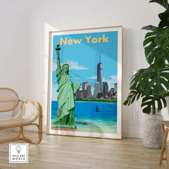 Vintage New York print poster featuring the Statue of Liberty and skyline, perfect for stylish wall art decor.