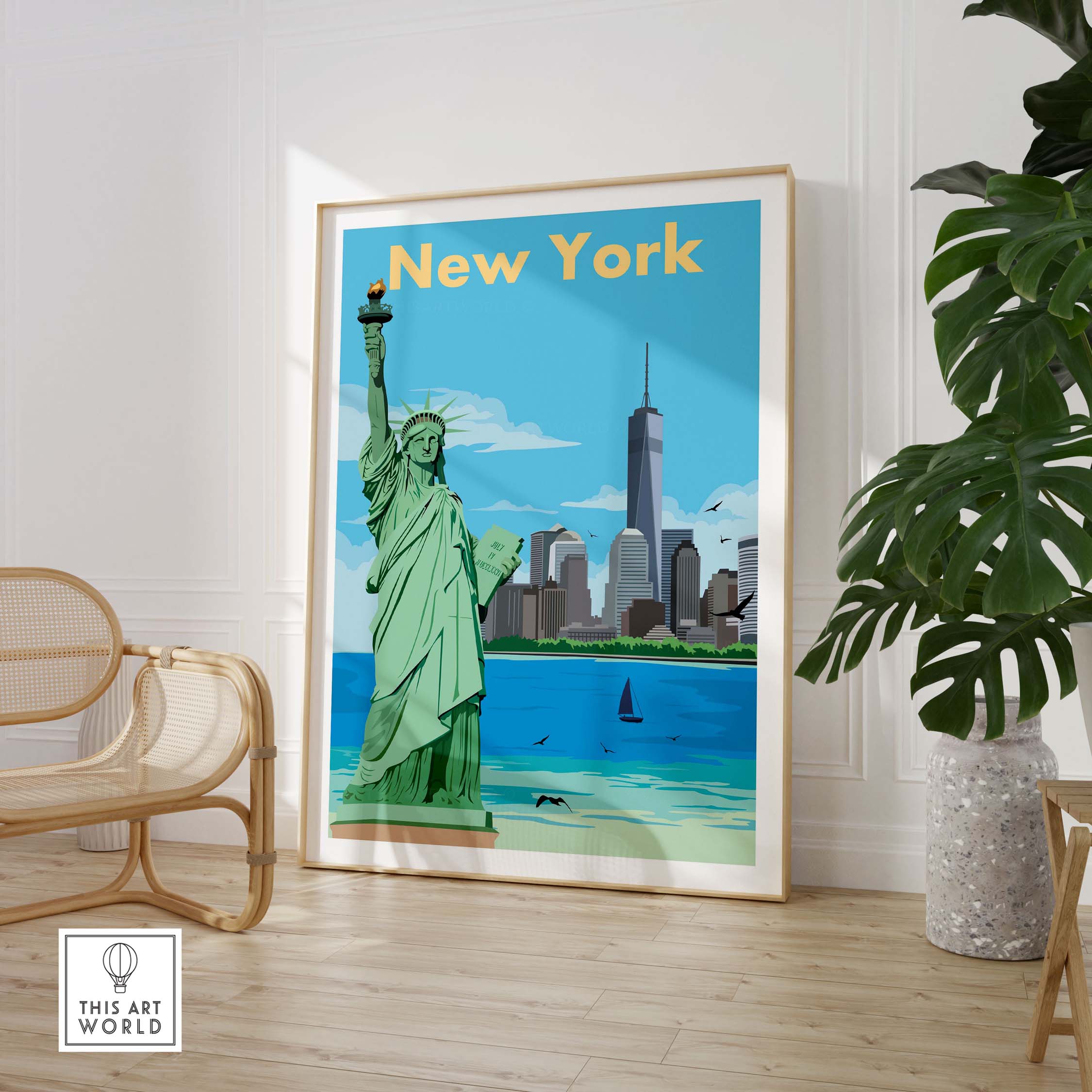 Vintage New York print poster featuring the Statue of Liberty and skyline, perfect for stylish wall art decor.