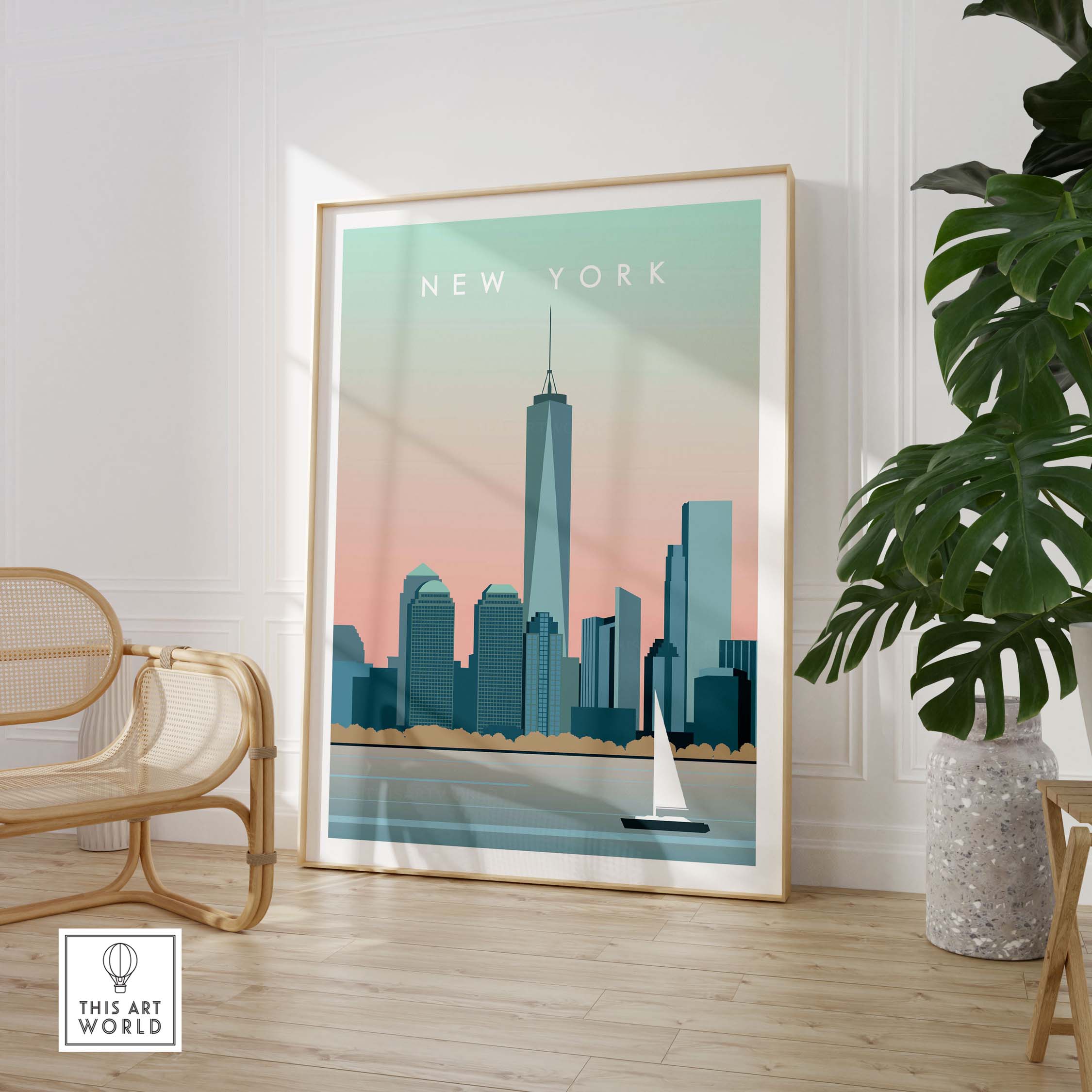 New York City print wall art poster featuring the skyline and sailboat, displayed in a stylish interior setting.