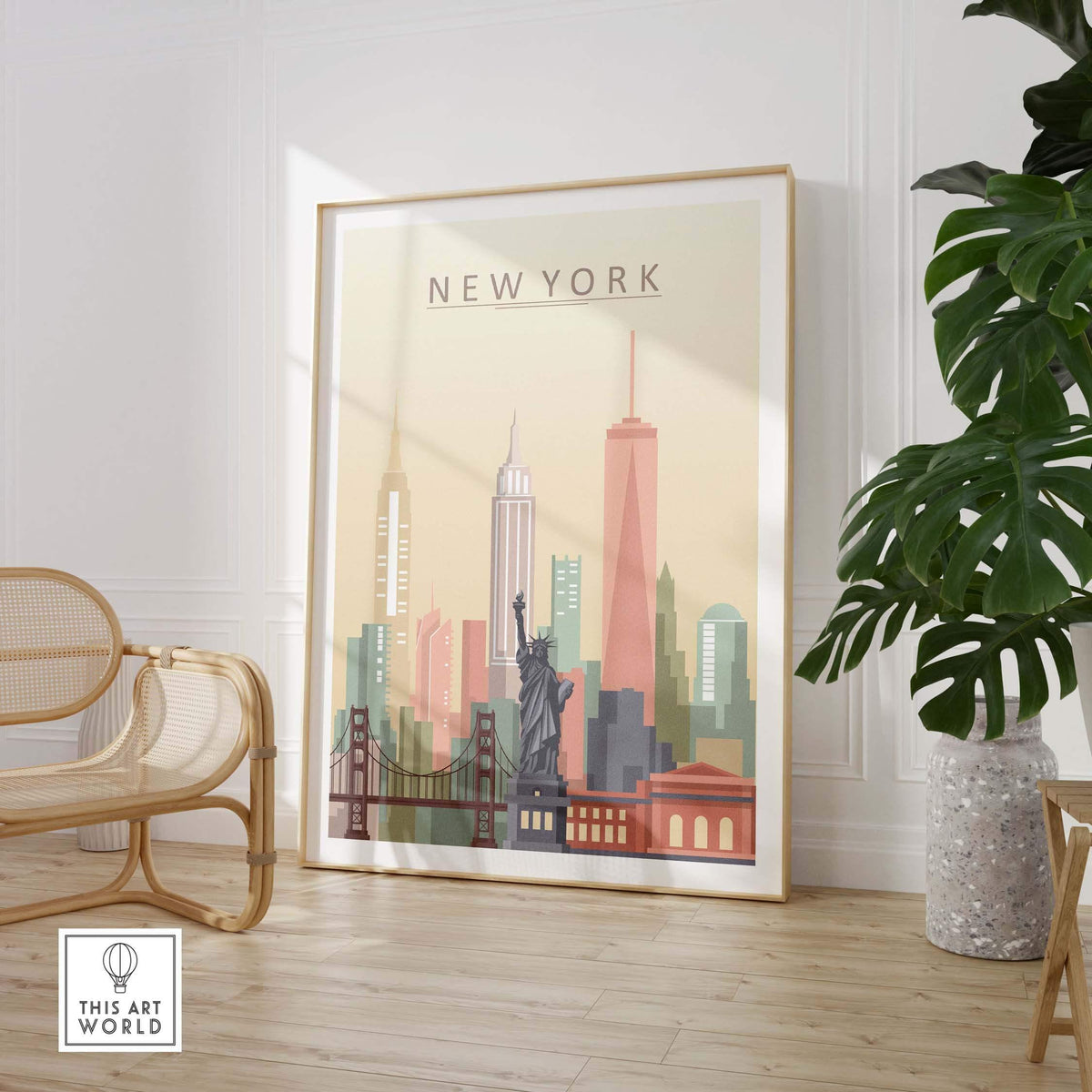 New York City skyline print showcasing the Statue of Liberty and iconic buildings in warm pastel tones.