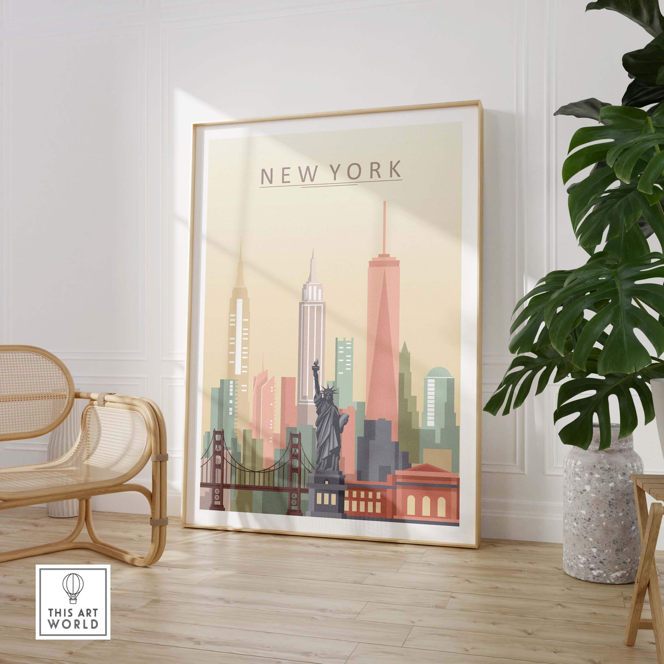New York City skyline print showcasing the Statue of Liberty and iconic buildings in warm pastel tones.