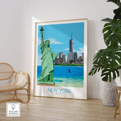 Framed New York City poster featuring the Statue of Liberty against a blue skyline and serene water backdrop.