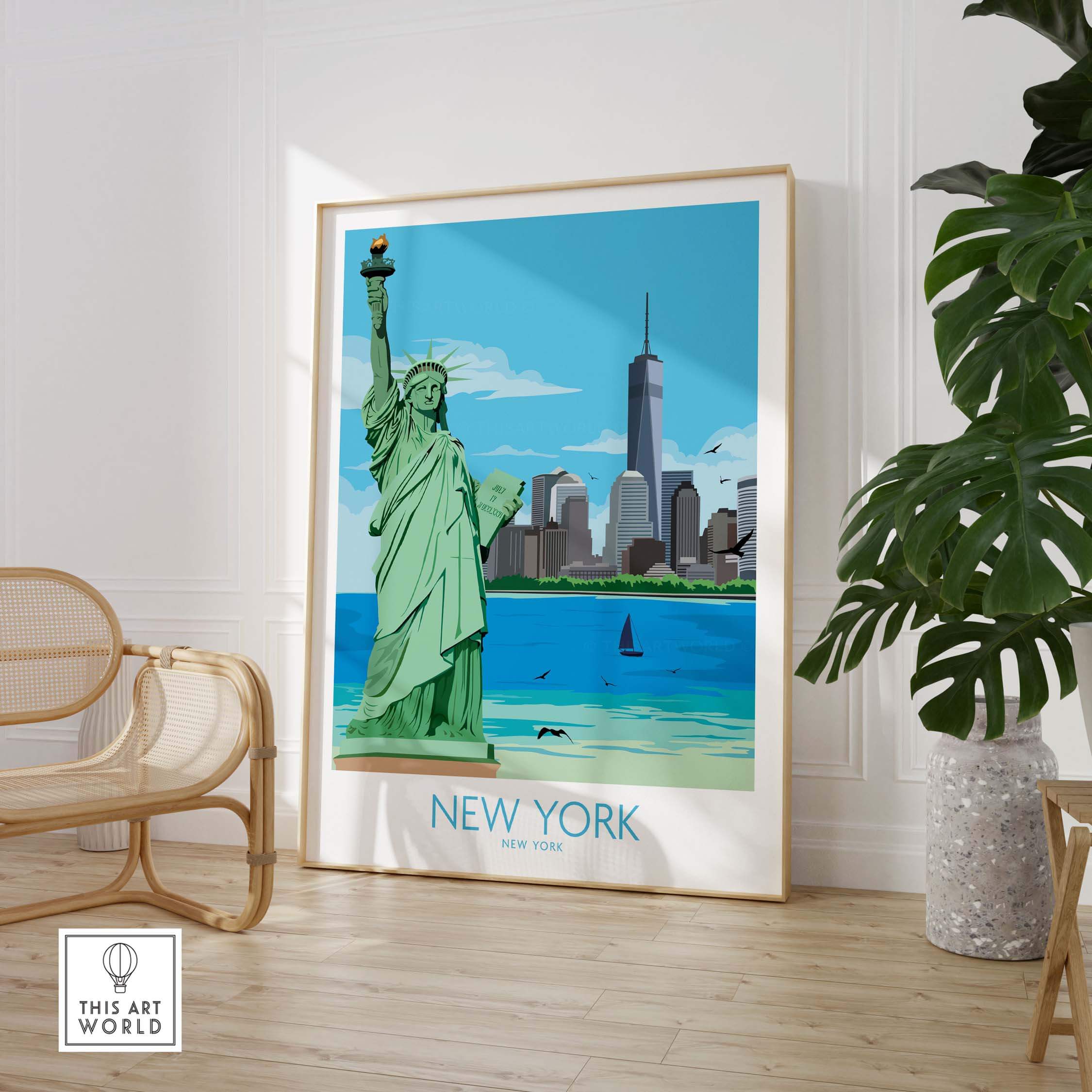 Framed New York City poster featuring the Statue of Liberty against a blue skyline and serene water backdrop.