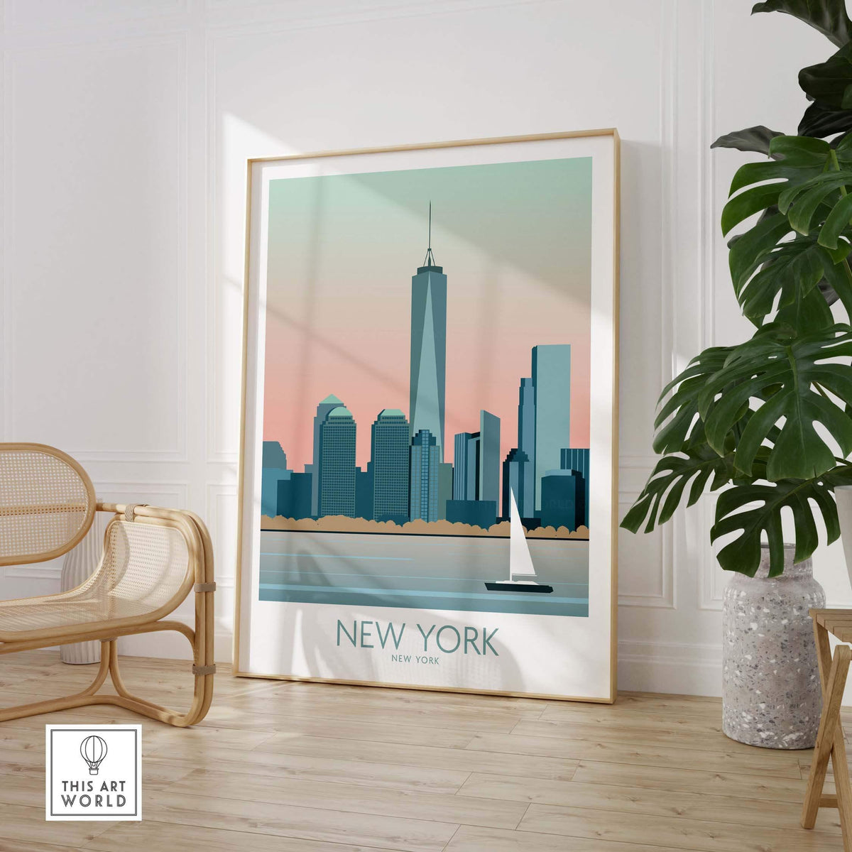 New York Print Poster featuring a minimalist skyline and sunset tones, perfect for home or office decor.