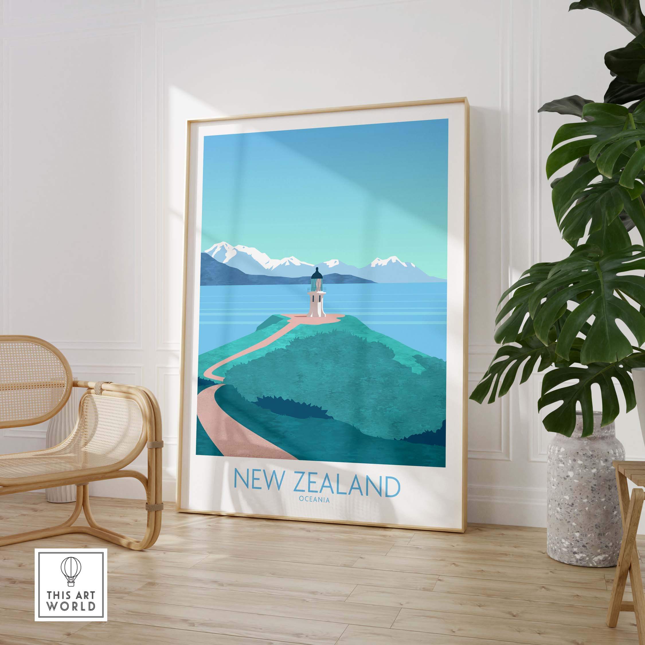 New Zealand Print Travel Poster featuring coastal landscape and mountains, perfect for stylish home decor.
