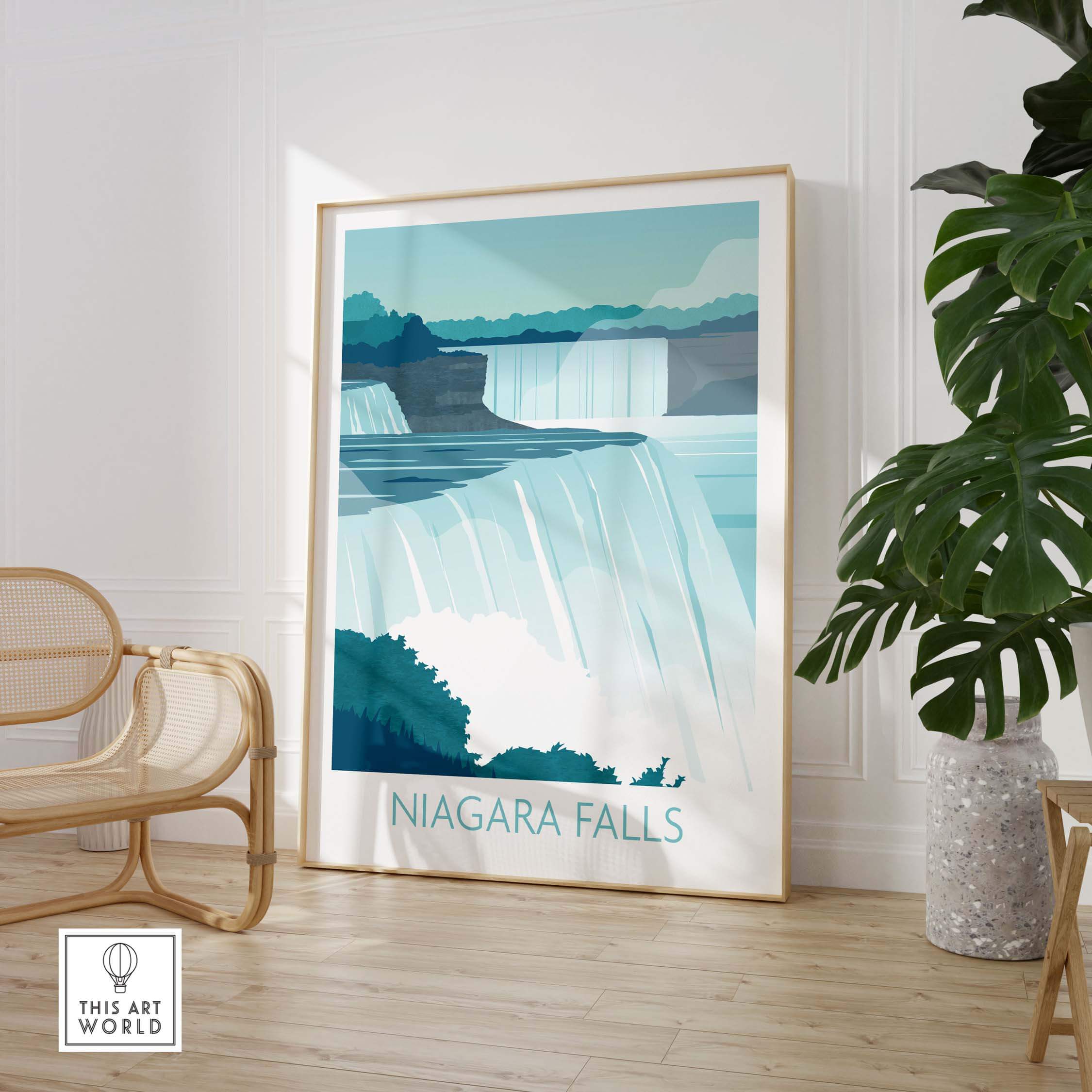 Stylish Niagara Falls print wall art in a framed display, adding a vintage travel vibe to home decor.