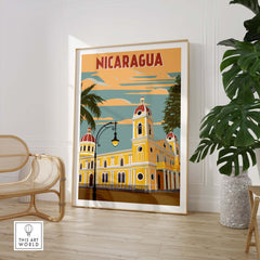 Nicaragua poster art featuring vintage architecture, framed wall decor for travel lovers, bright colors and tropical vibes.