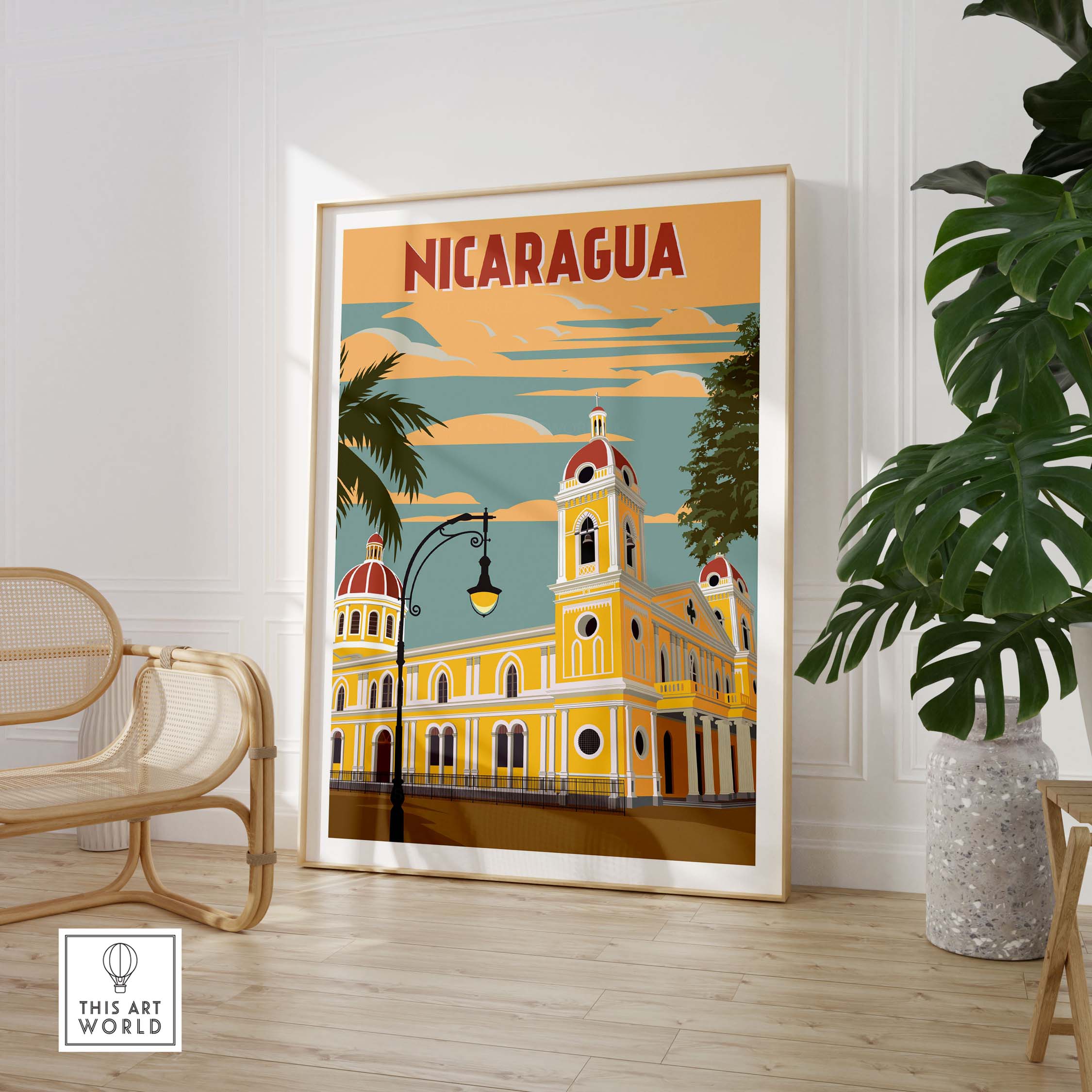 Nicaragua poster art featuring vintage architecture, framed wall decor for travel lovers, bright colors and tropical vibes.