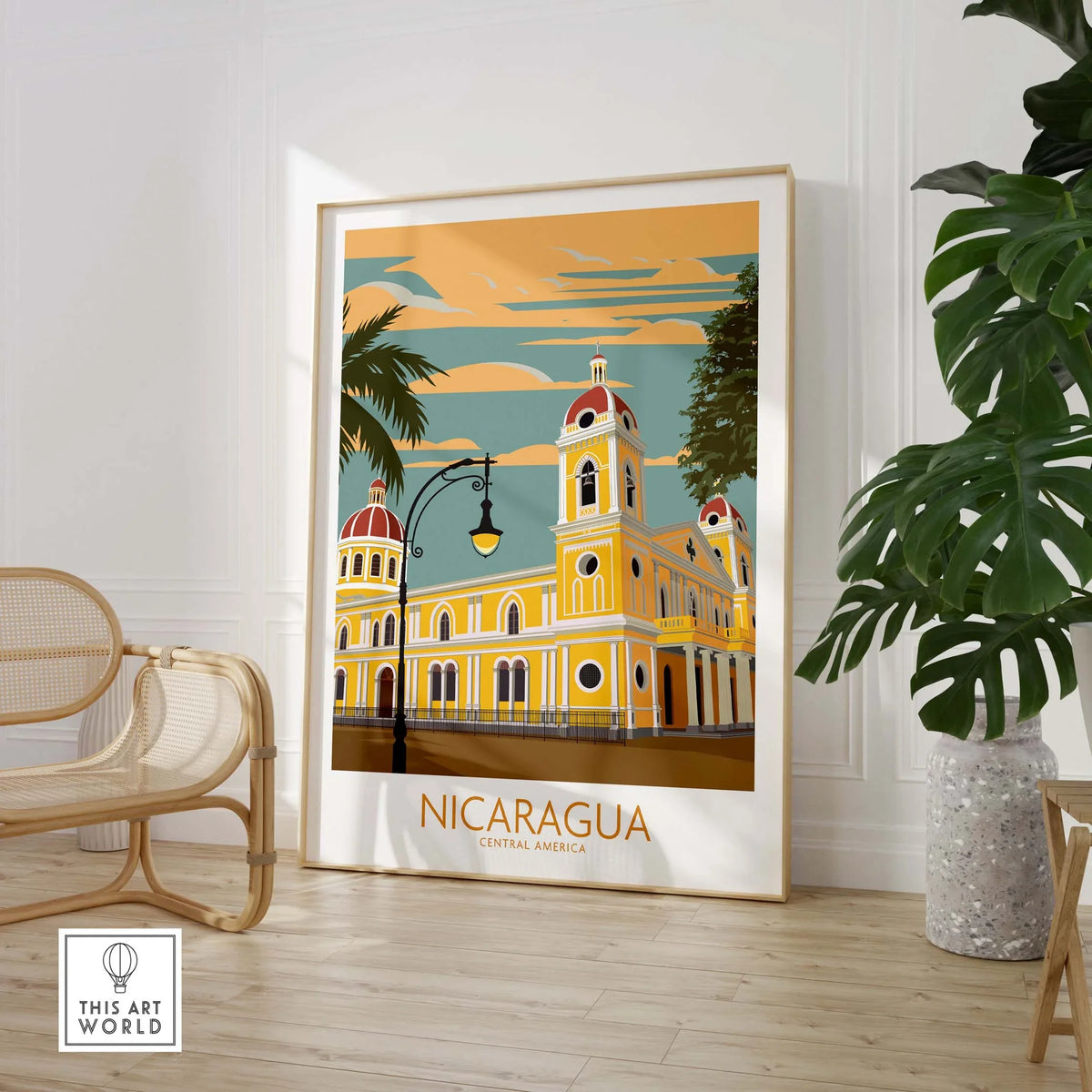 Nicaragua vintage travel poster featuring vibrant colors and architecture, perfect for wanderlust-themed decor.