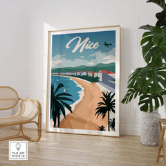 Nice France poster wall art print featuring a beach scene with palm trees and a plane, perfect for travel enthusiasts.