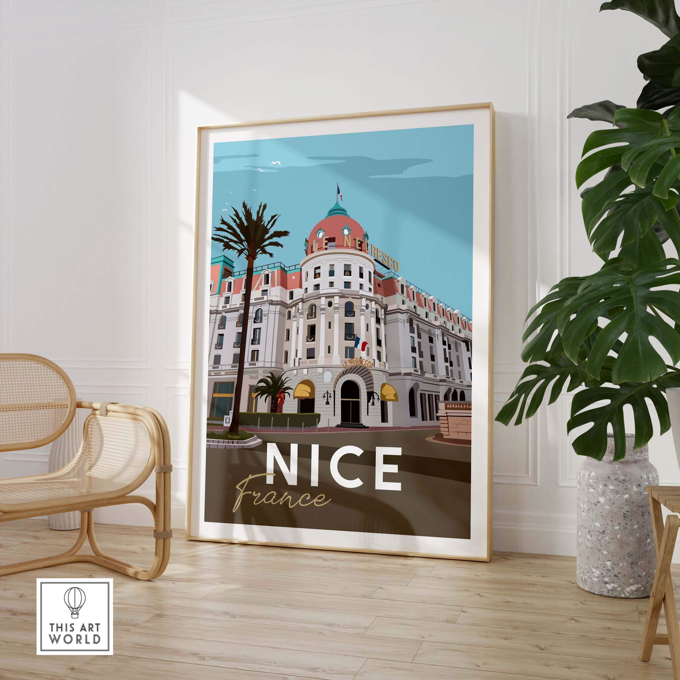 Nice France Print Poster featuring iconic building in vibrant colors, perfect for home or office wall art.