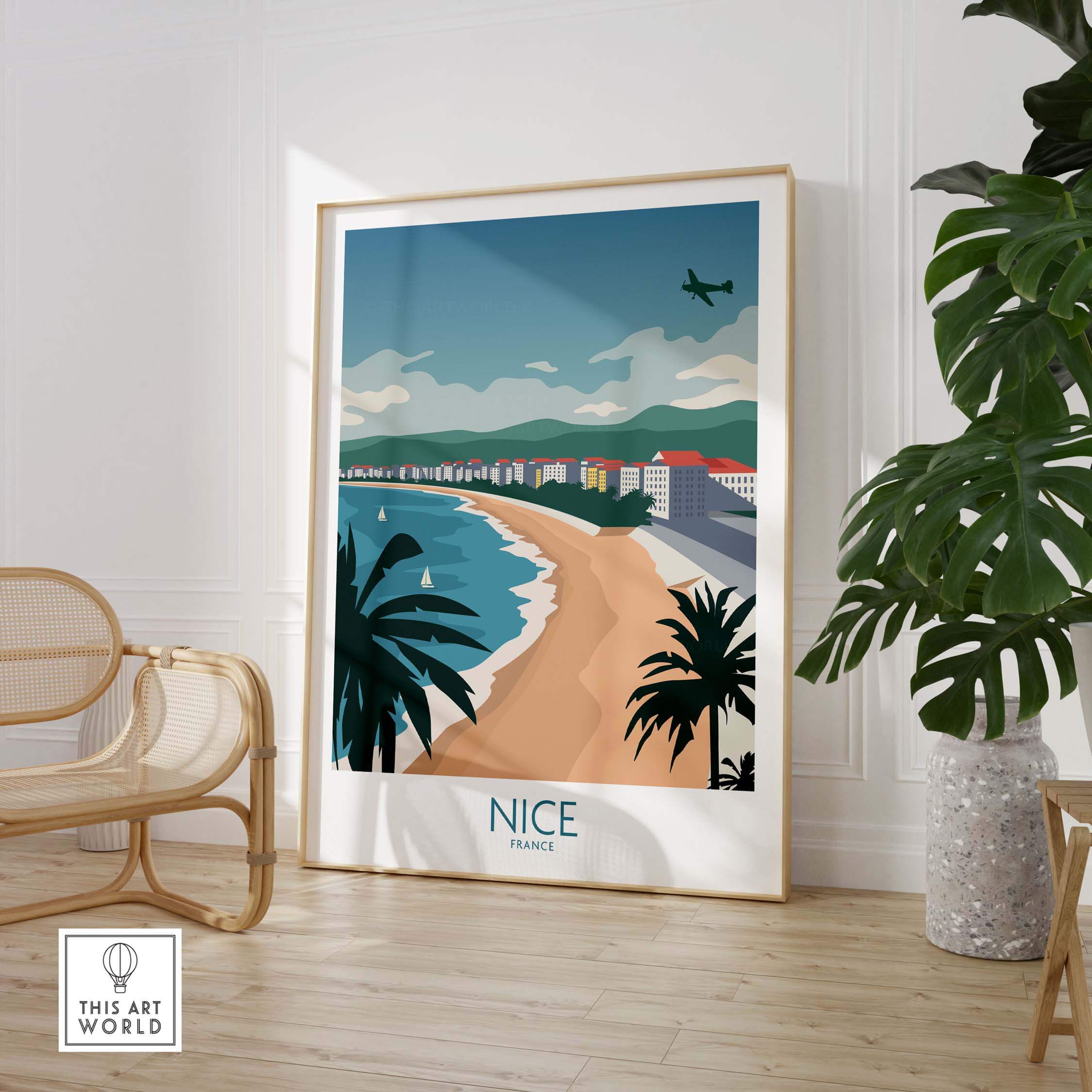 Nice France travel poster featuring the French Riviera beach, palm trees, and an airplane in a stylish interior setting.