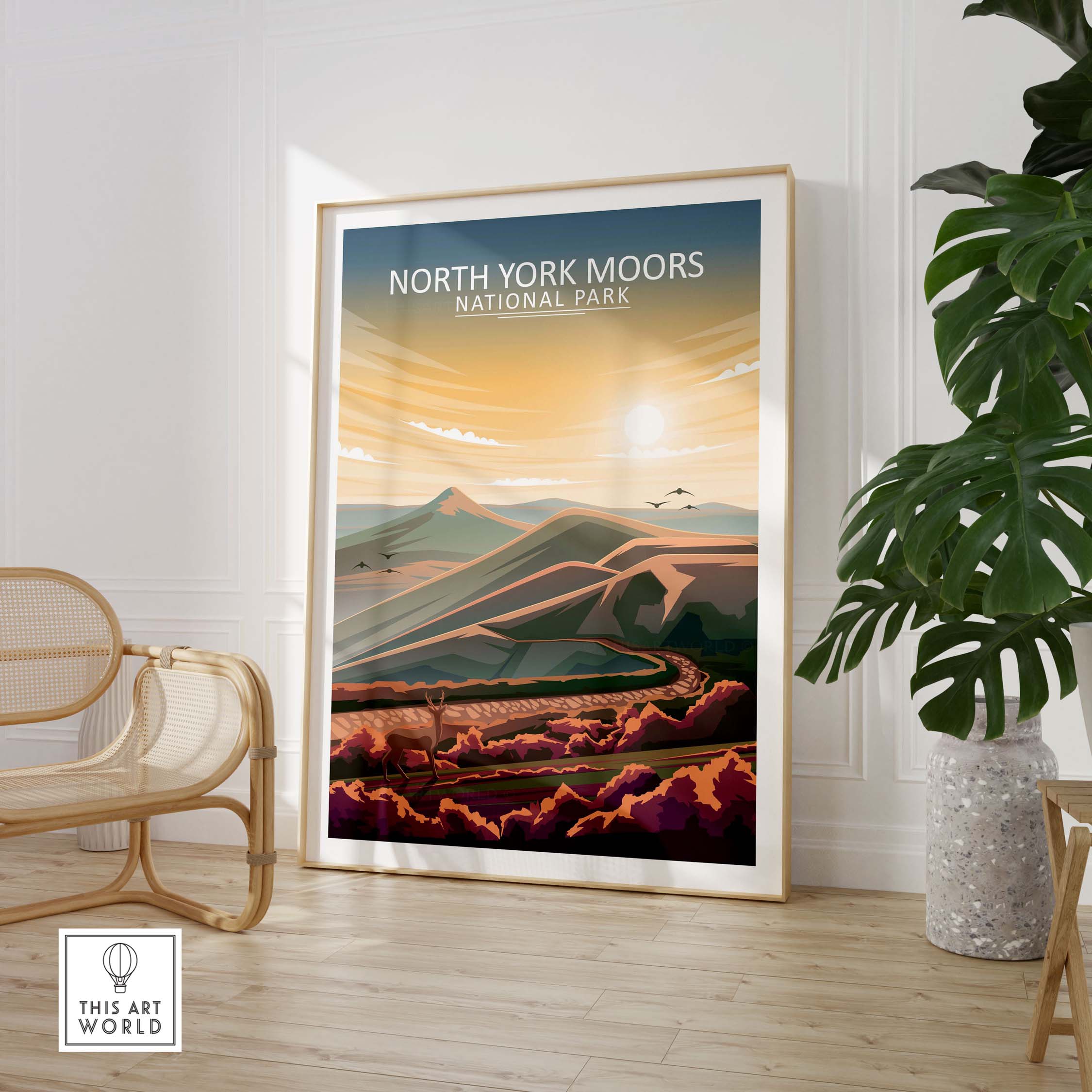Framed North York Moors National Park poster, showcasing minimalist design and vibrant landscape in stylish home decor.