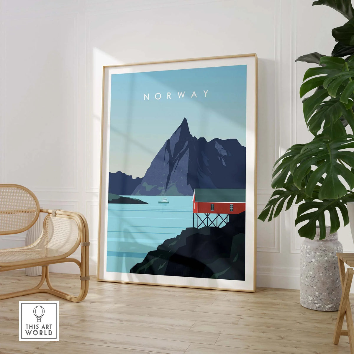 Norway Print Wall Art Poster featuring a scenic mountain view with a red cabin and turquoise waters.
