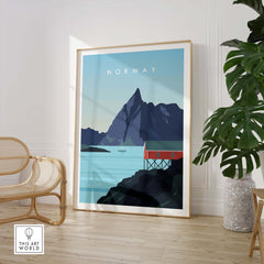 Norway Print Wall Art Poster featuring a scenic mountain view with a red cabin and turquoise waters.