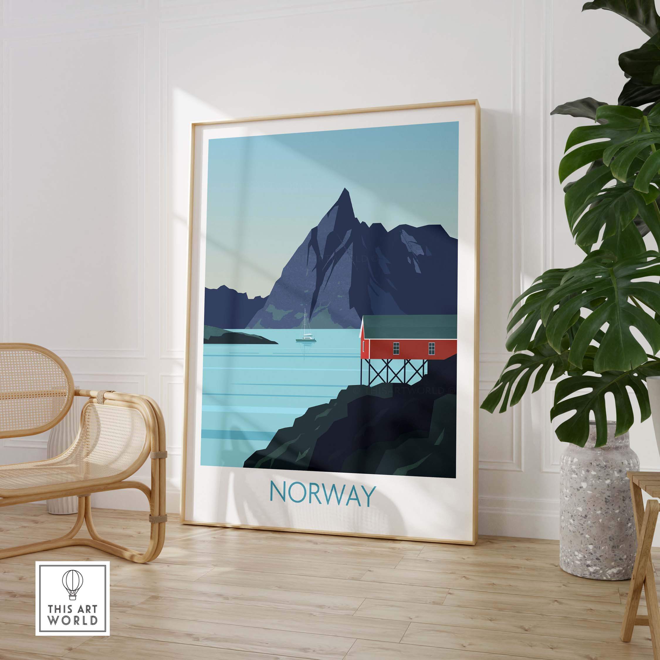 Norway print travel poster featuring mountains and a red cabin, stylish Nordic wall art for home decor.