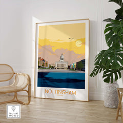 Nottingham vintage travel poster print in a stylish room, showcasing vibrant colors and artistic design.