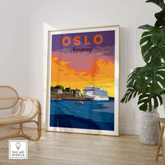 Oslo Print Norway artwork featuring a cruise ship, vibrant sunset, and vintage travel poster design.