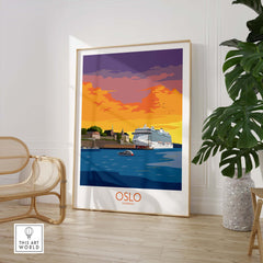Oslo Norway travel poster featuring a sunset view and a cruise ship, perfect for stylish home decor.