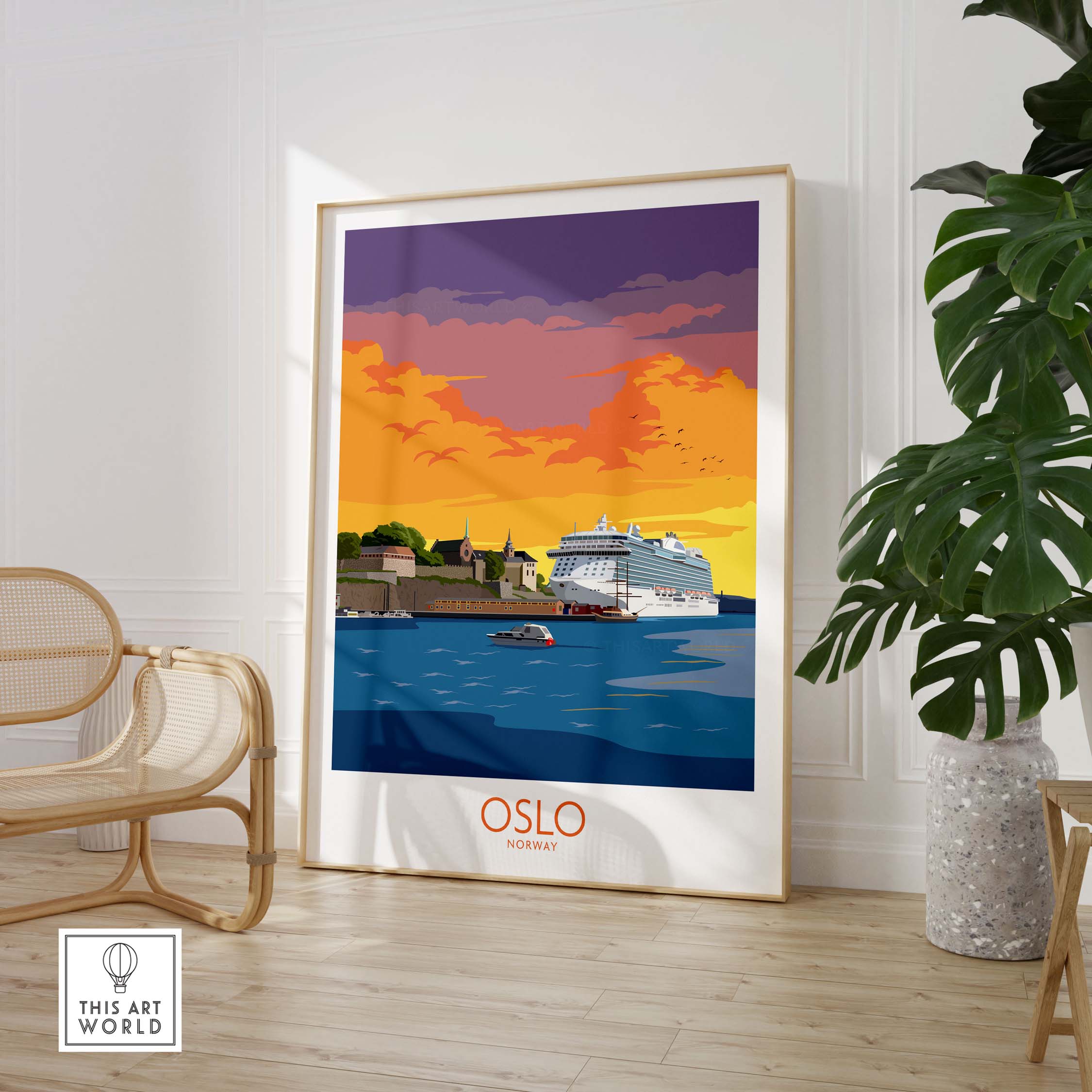 Oslo Norway travel poster featuring a sunset view and a cruise ship, perfect for stylish home decor.