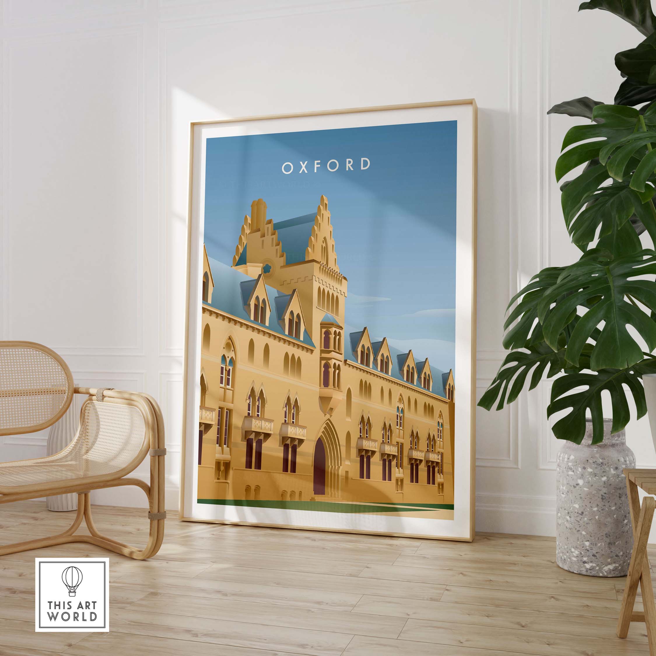 Framed Oxford Wall Art Poster showcasing a vintage-style illustration of Oxford architecture.