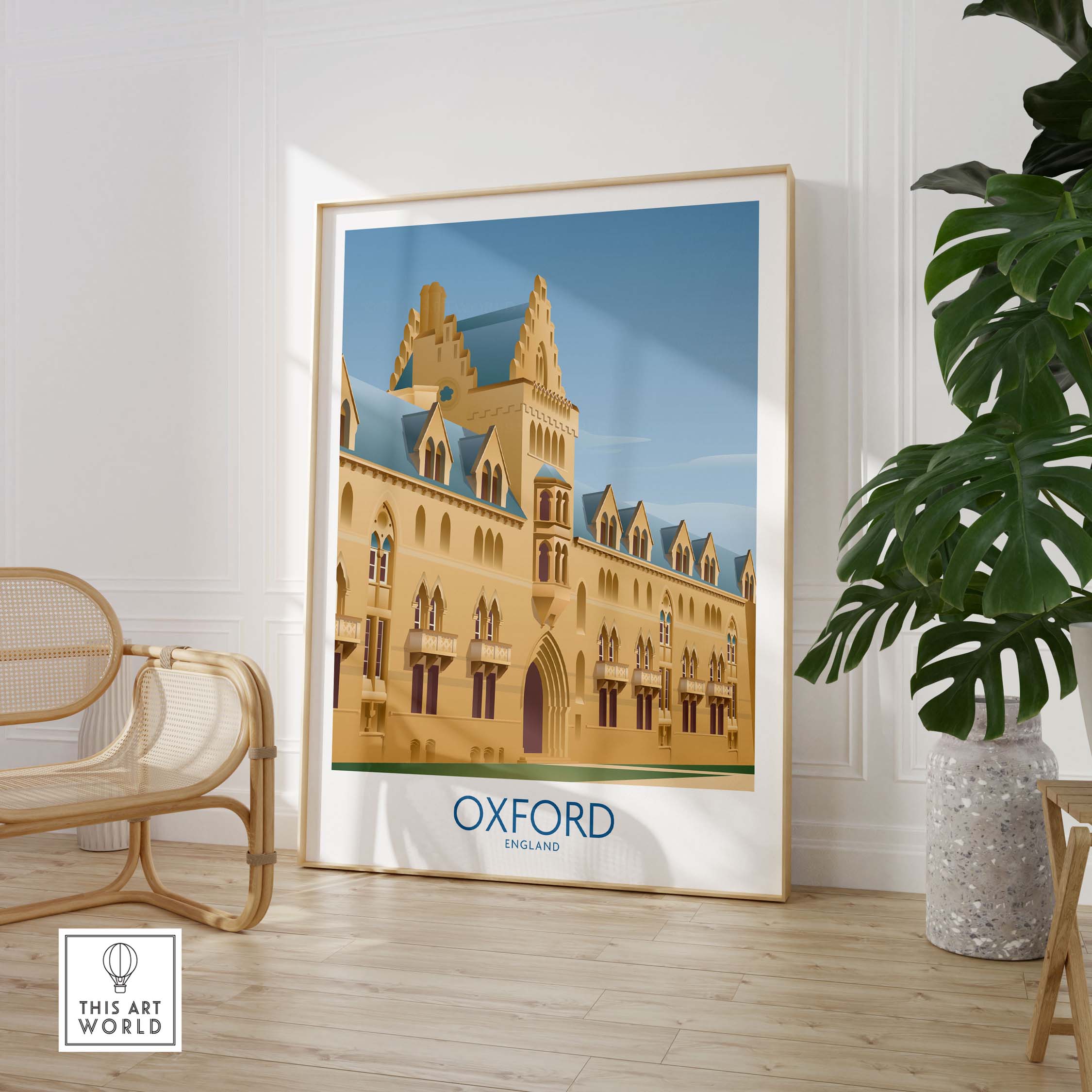Oxford wall art print featuring a vintage style illustration of a historical building in England.