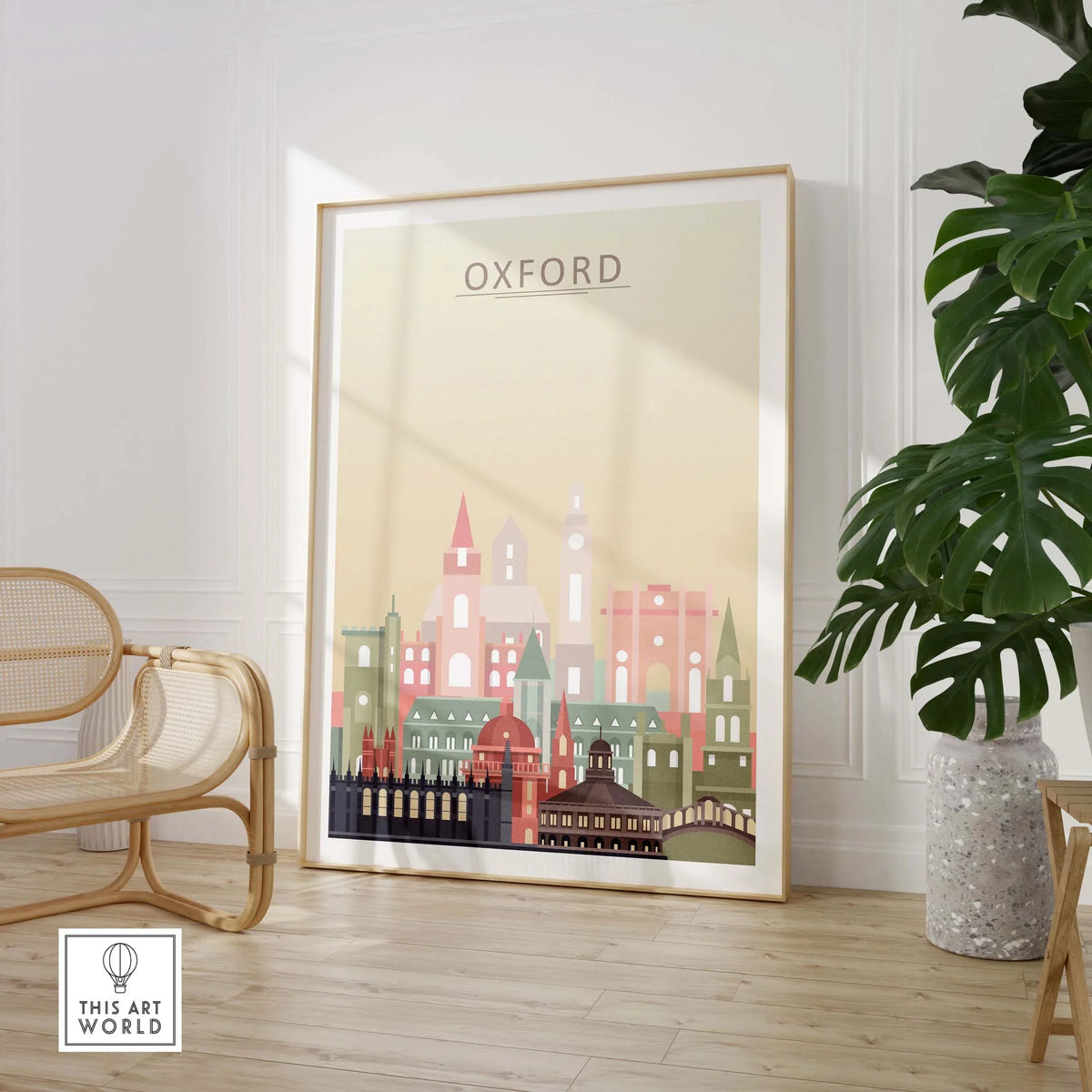 Framed Oxford Skyline Print showcasing iconic architecture in pastel tones, perfect for city wall art.