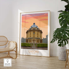 Oxford travel poster featuring a vintage design of the Radcliffe Camera against a colorful sunset.