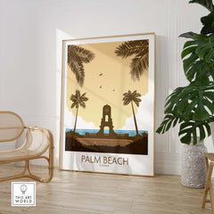 Stylish Palm Beach wall art depicting palms and vintage design in a clean minimalist style for home decor.