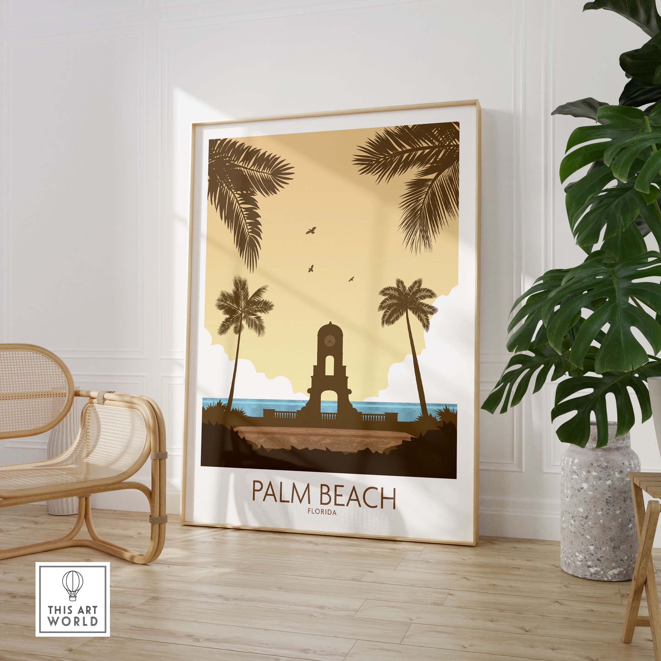 Stylish Palm Beach wall art depicting palms and vintage design in a clean minimalist style for home decor.