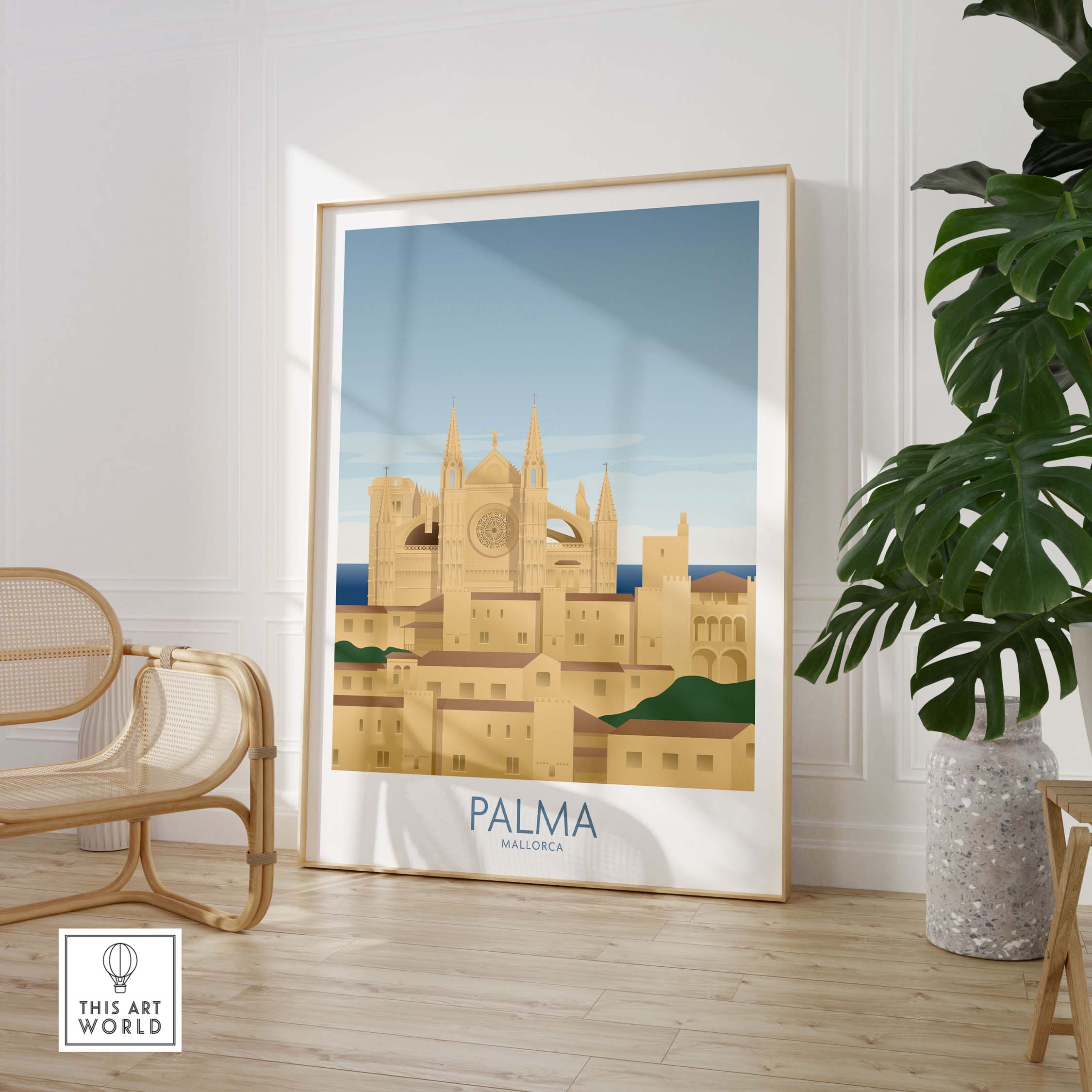 Palma Mallorca wall art print in modern decor, featuring vintage inspired illustration of Palma's architecture.
