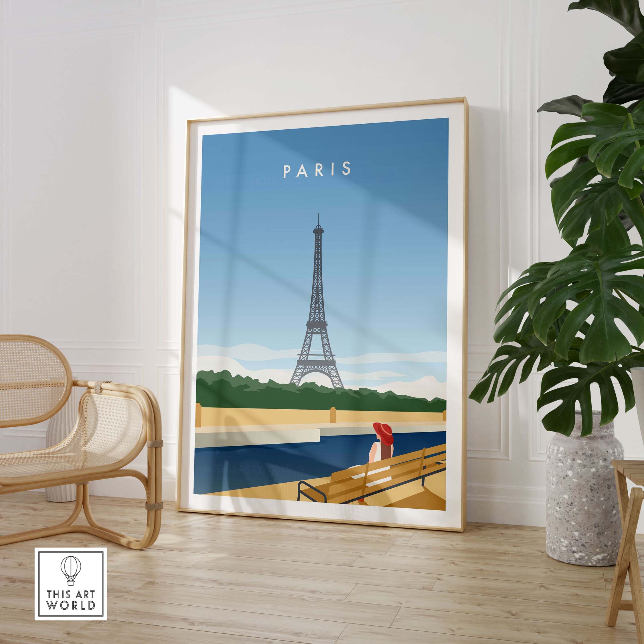Paris wall art poster featuring the Eiffel Tower in a stylish interior setting. Perfect for home decor and travel enthusiasts.
